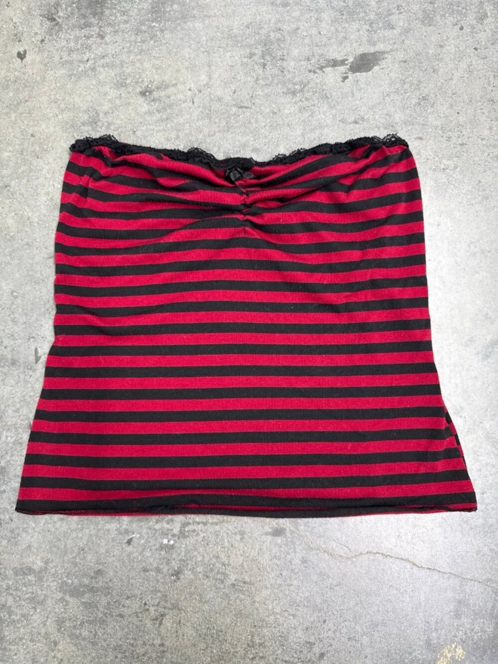ROMWE Tank Top Red and Black Striped Lace Trim Ruched S